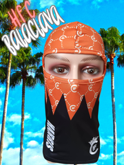 ( ORANGE ) DESIGNER H.F.C BALACLAVA, WITH CUSTOM H.F.C LOGO PRINT. ( FRONT VIEW )