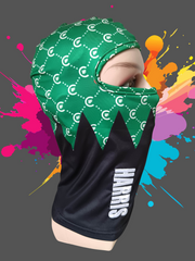 ( GREEN ) DESIGNER H.F.C CROWN LOGO BALACLAVA, DISPLAYING BOLD HARRIS EMBROIDERY LOGO. (RIGHT SIDE)