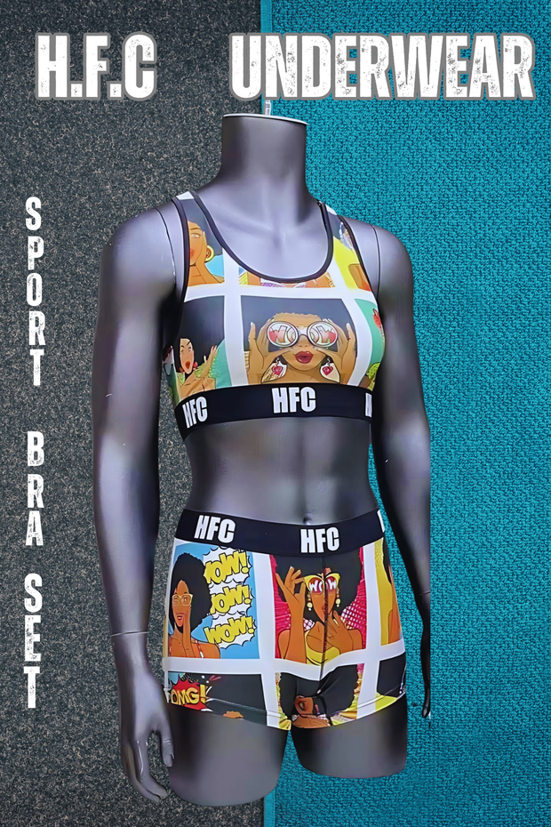 H.F.C CUSTOM COMIC STRIP SPORT BRA SET (FRONT VIEW)