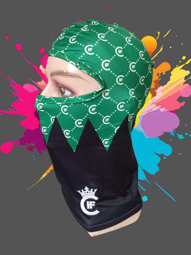 ( GREEN ) H.F.C DESIGNER BALACLAVA, DISPLAYING THE BEAUTIFUL 3-D EMBROIDERY H.F.C CROWN LOGO. ( LEFT SIDE )