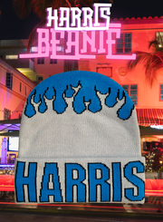 H.F.C BLUE/GRAY FIRE LOGO BEANIE. (FRONT VIEW)