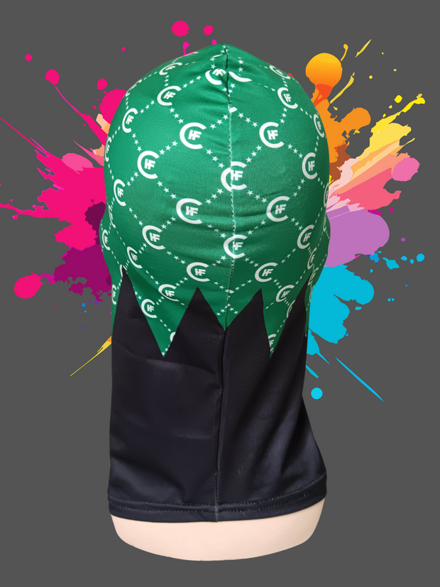 ( GREEN ) H.F.C DESIGNER BALACLAVA, WITH CUSTOM H.F.C LOGO DESIGN. ( BACK VIEW )