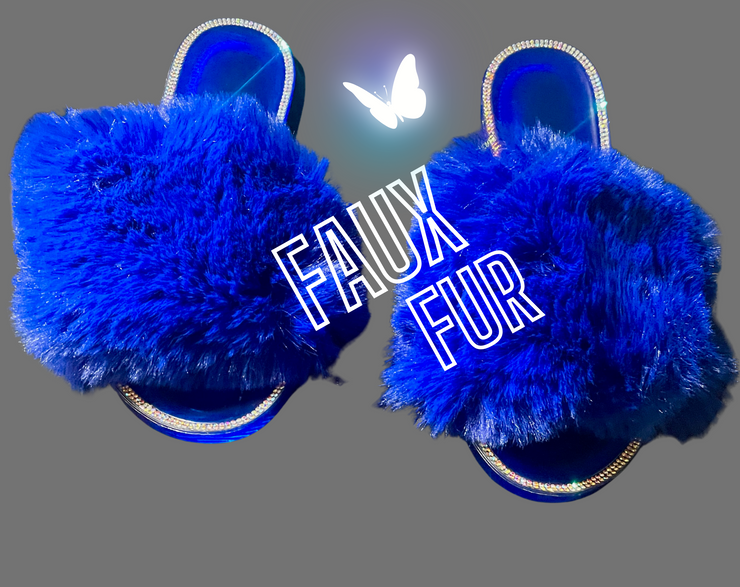 BLUE H,F,C FAUX FUR SLIPPERS. GEL BOTTOMS.