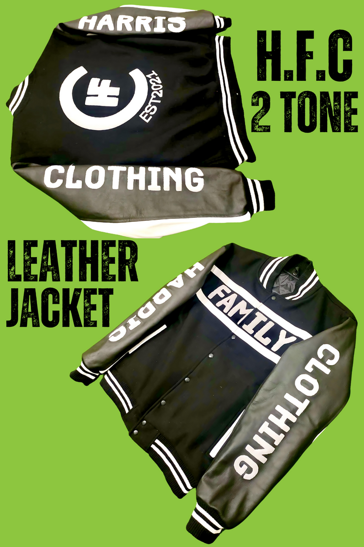 HARRIS FAMILY CLOTHING - CUSTOM 2 TONE LEATHER JACKET (BLACK, WHITE LEATHER ARMS)