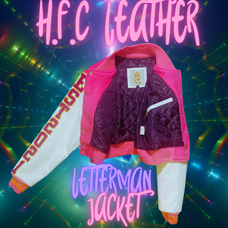 H.F.C "MONEY, POWER, RESPECT CROP TOP LETTERMAN JACKET.