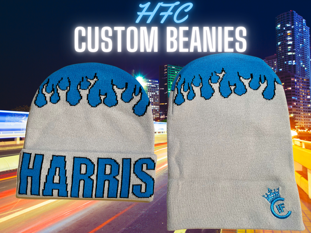 H.F.C CUSTOM JACQUARD & EMBROIDERY BEANIES FLIP UP/DOWN. DISPLAYING HARRIS JACQUARD LOGO WHEN UP & H.F.C CUSTOM CROWN LOGO WHEN DOWN. (FRONT VIEW)