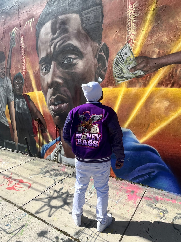 WYNWOOD ART DISTRICT. (R.I.P YOUNG DOLPH ) H.F.C MONEY BAGS LETTERMAN JACKET. (BACK VIEW)