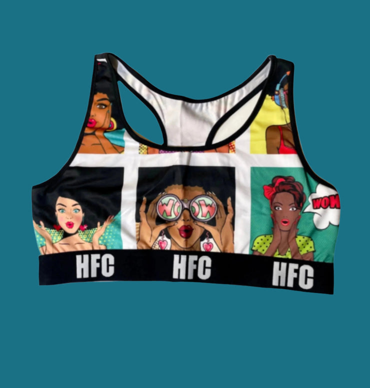 HFC-CUSTOM COMIC STRIP DESIGNED SPORTS BRA (TOP). (FRONT VIEW)