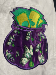 CUSTOM H.F.C MONEY BAG LOGO (LEFT ARM) WITH CUSTOM H.F.C MONEY BUTTERFLIES . WHITE (LEATHER) ARMS.