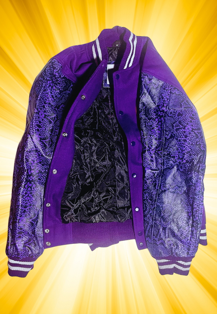 HFC- CUSTOM LEATHER (SNAKE PRINT) 'MONEY BAGS' LETTERMAN JACKET.