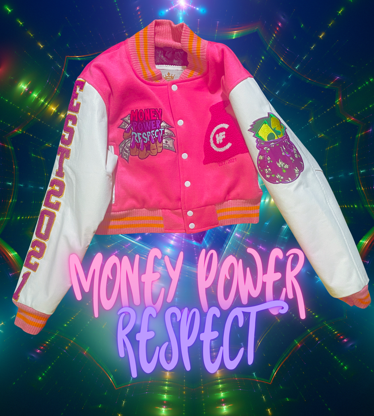 H.F.C "MONEY, POWER, RESPECT CROP TOP LETTERMAN JACKET.