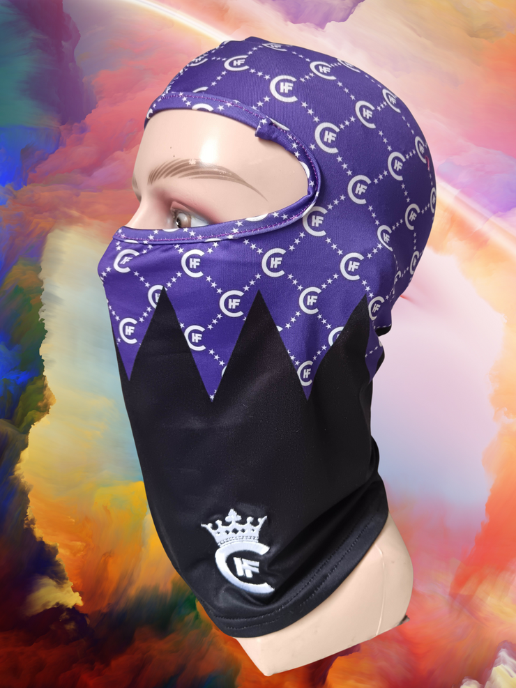 ( PURPLE ) H.F.C DESIGNER BALACLAVA, DISPLAYING CUSTOM 3-D EMBROIDERY H.F.C CROWN LOGO. ( LEFT SIDE )