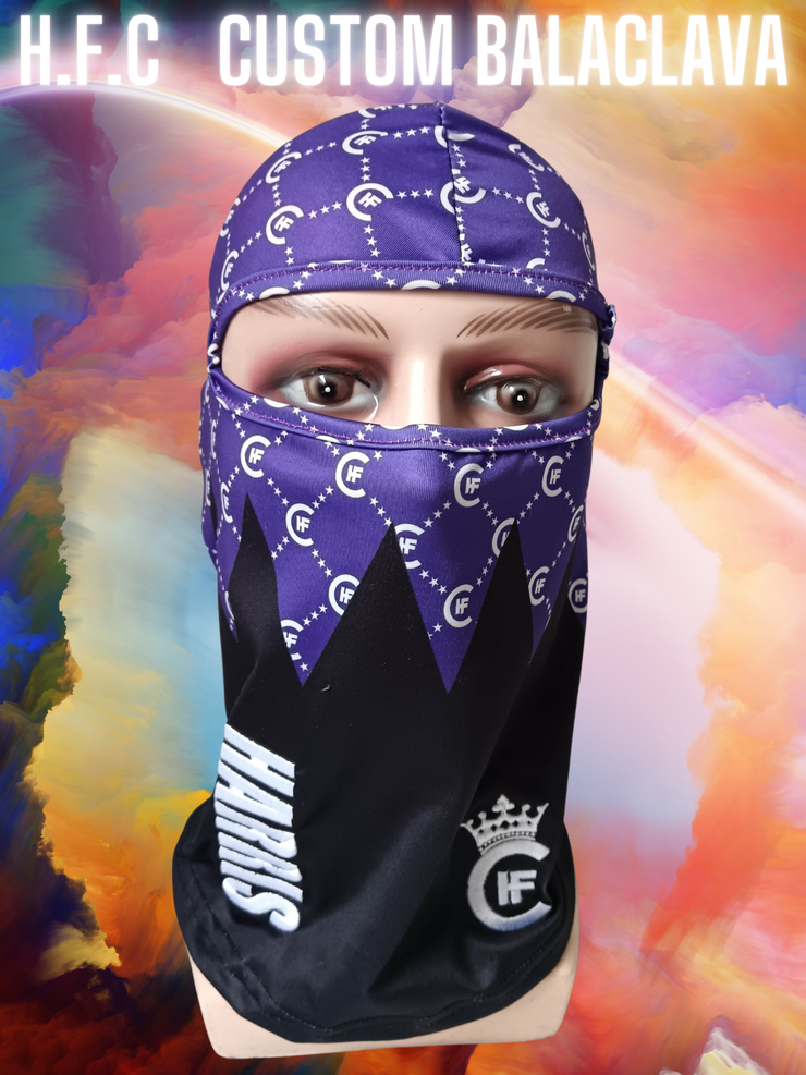 ( PURPLE ) H.F.C DESIGNER BALACLAVA, DISPLAYING CUSTOM H.F.C LOGO PRINT. ( FRONT VIEW ) 