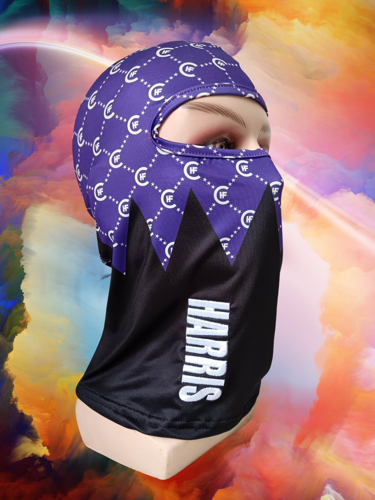 ( PURPLE ) H.F.C DESIGNER BALACLAVA DISPLAYING BOLD 3-D EMBROIDERY HARRIS LOGO. ( RIGHT SIDE )