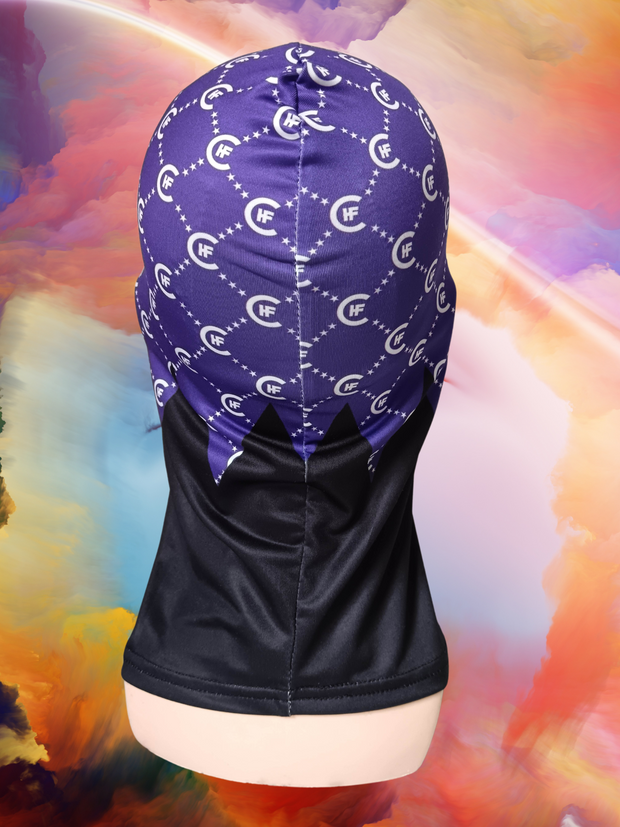 ( PURPLE ) DESIGNER BALACLAVA DISPLAYING BEAUTIFUL H.F.C CUSTOM LOGO PRINT. ( BACK VIEW )