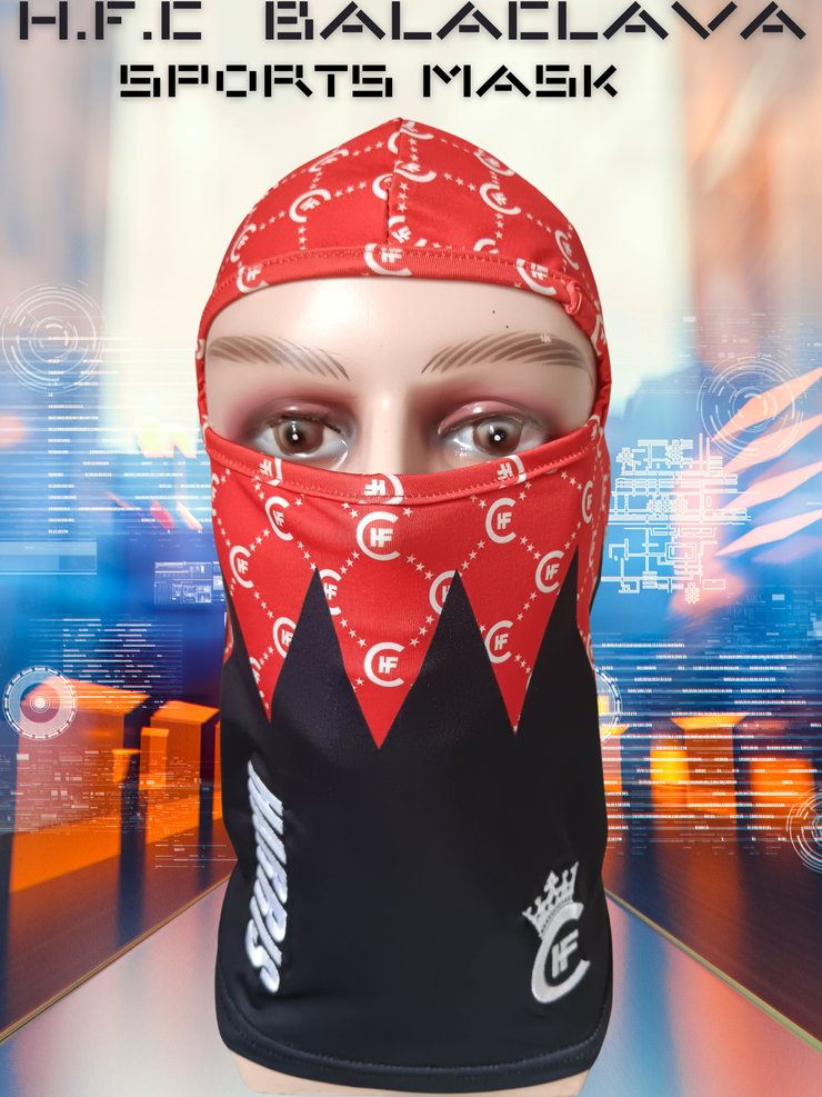 ( RED ) H.F.C DESIGNER BALACLAVA WITH CUSTOM H.F.C LOGO PRINT. ( FRONT VIEW )