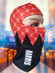 BEAUTIFUL ( RED ) H.F.C DESIGNER BALACLAVA, DISPLAYING BOLD 3-D HARRIS EMBROIDERY LOGO. (RIGHT SIDE)