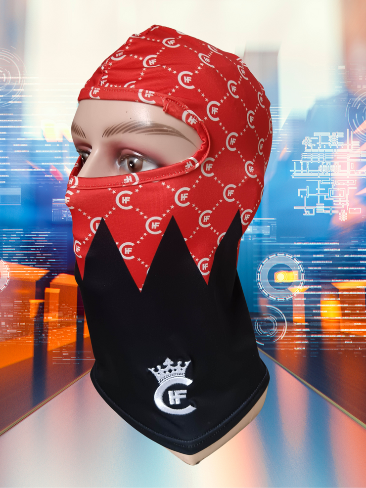 ( RED ) H.F.C DESIGNER BALACLAVA, WITH CUSTOM 3-D EMBROIDERY H.F.C CROWN LOGO. ( LEFT SIDE )