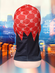 ( RED ) H.F.C DESIGNER BALACLAVA DISPLAYING CUSTOM H.F.C PRINT. ( BACK VIEW )