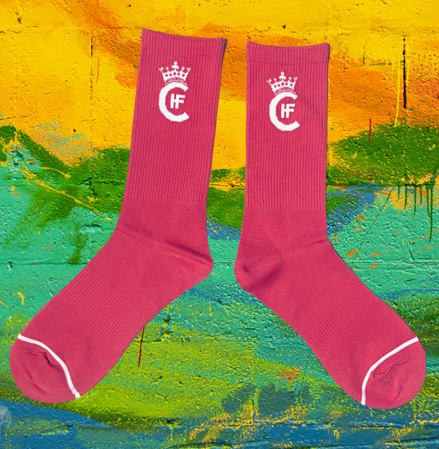 PINK SOCKS WITH CUSTOM WHITE H.F.C CROWN LOGO.