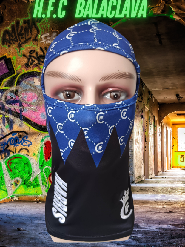 ( BLUE ) H.F.C DESIGNER BALACLAVA, DISPLAYING CUSTOM H.F.C LOGO PRINT. ( FRONT VIEW )