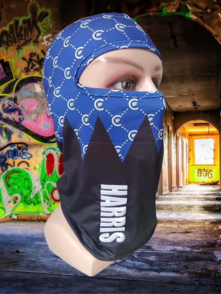 ( BLUE ) DESIGNER H.F.C BALACLAVA, DISPLAYING BOLD HARRIS 3-D EMBROIDERY LOGO. ( RIGHT SIDE ) 