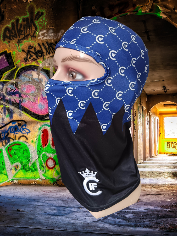 ( BLLUE ) DESIGNER BALACLAVA,  DISPLAYING CUSTOM 3-D EMBRODERY H.F.C CROWN LOGO. ( LEFT SIDE )