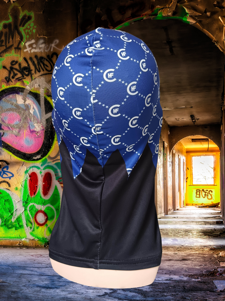 ( BLUE ) CUSTOM H.F.C LOGO PRINT BALACLAVA. ( BACK VIEW )