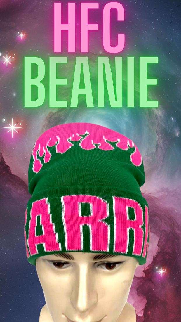 CUSTOM H.F.C GREEN & PINK JACQUARD FIRE BEANIE.