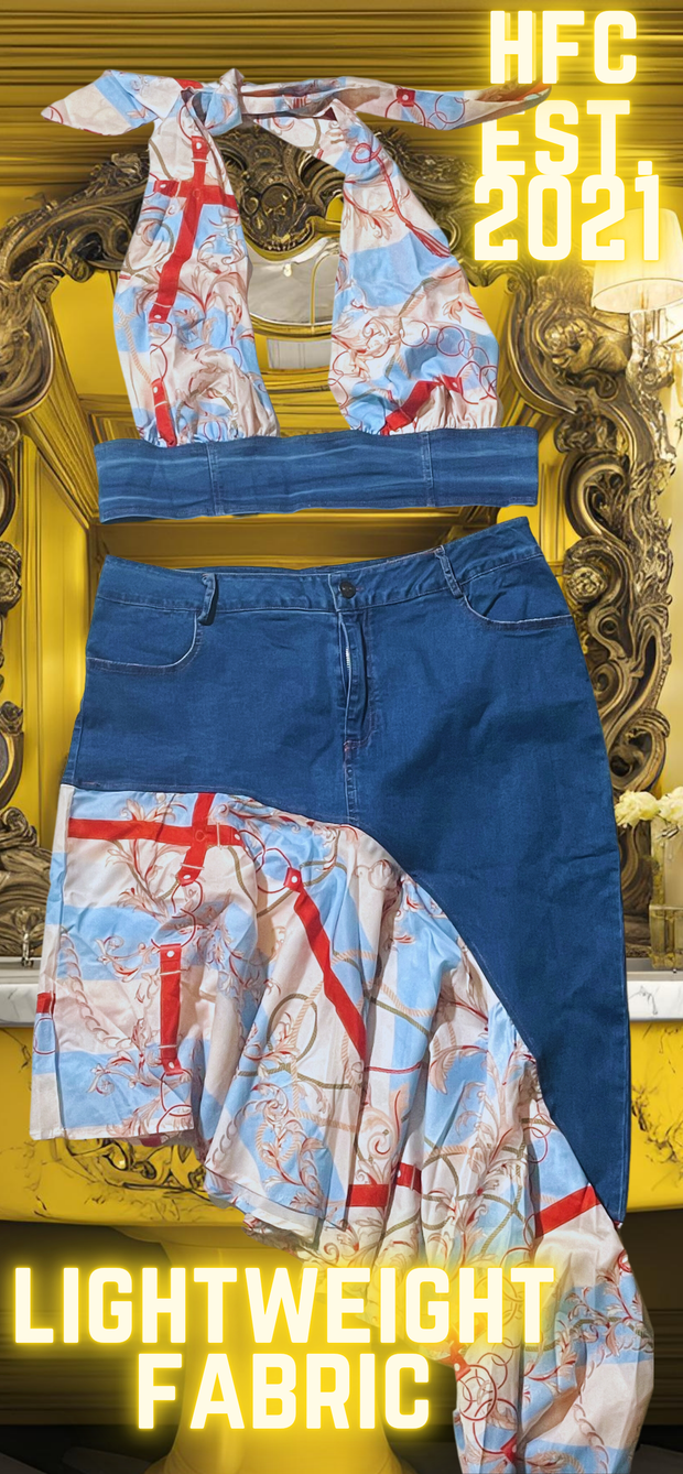 H.F.C-(2 PIECE) DENIM VELVETY WRINKLED DRESS WITH  HALTER TOP (SET)