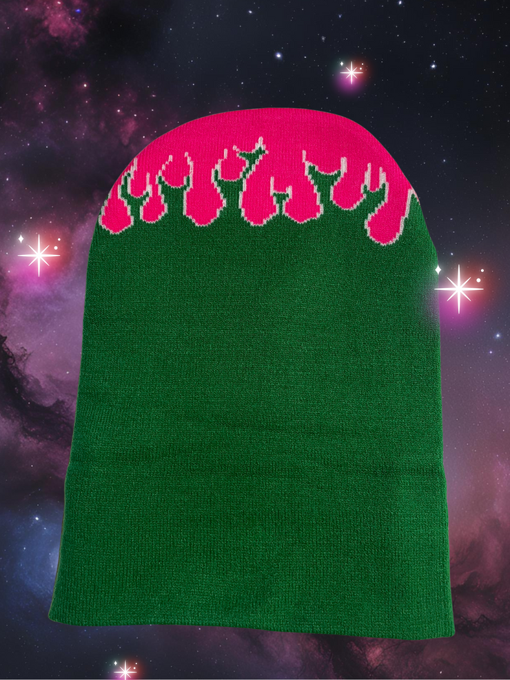 GREEN & PINK H.F.C CUSTOM FIRE BEANIE. (BACK VIEW)