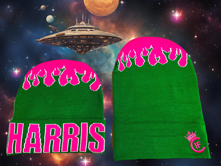 GREEN & PINK CUSTOM H.F.C BEANIE WITH WHITE OUTLINE IS OUT OF THIS WORLD. THEY FLIP UP/DOWN AT BOTTOM DISPLAYING JACQUARD (HARRIS) LOGO WHEN UP & CUSTOM EMBROIDERY H.F.C CROWN LOGO WHEN DOWN.