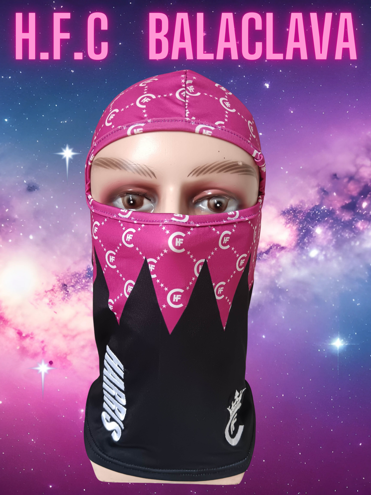 ( PINK ) DESIGNER BALACLAVA, DISPLAYING BEAUTIFUL PINK WHITE H.F.C CUSTOM LOGO PRINT. ( FRONT VIEW )