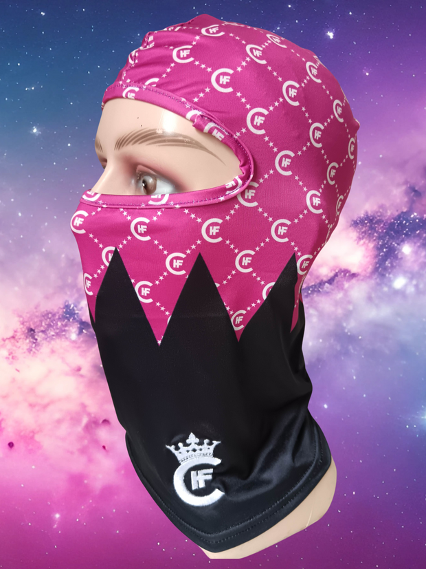 ( PINK ) DESIGNER BALACLAVA, DISPLAYING 3-D CUSTOM H.F.C CROWN LOGO. ( LEFT SIDE )