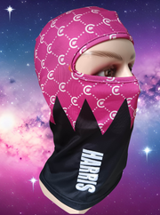 ( PINK ) DESIGNER BALACLAVA, DISPLAYING BOLD 3-D HARRIS EMBROIDERY LOGO