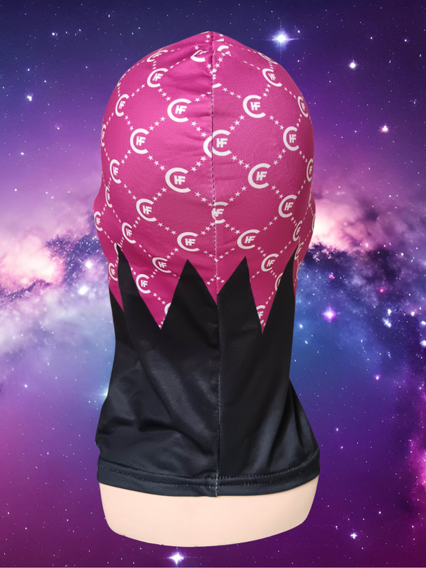 ( PINK ) H.FC DESIGNER BALACLAVA WITH CUSTOM .LOGO PRINT DESIGN. ( BACK VIEW )