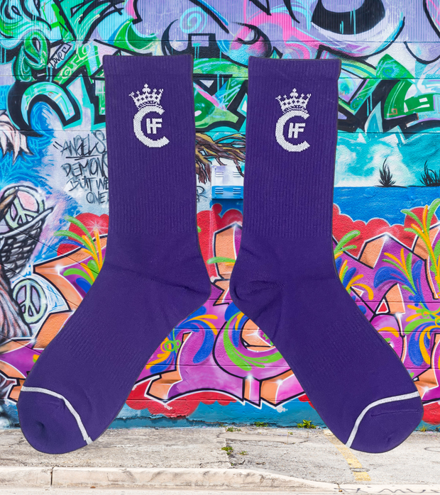 PURPLE SOCKS WITH CUTOM WHITE H.F.C CUSTOM CROWN LOGO.