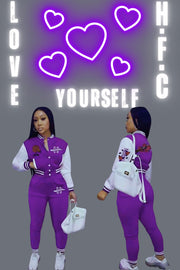 H.F.C PUPLE & WHITE "LOVE YOURSELF" SWEAT SUIT