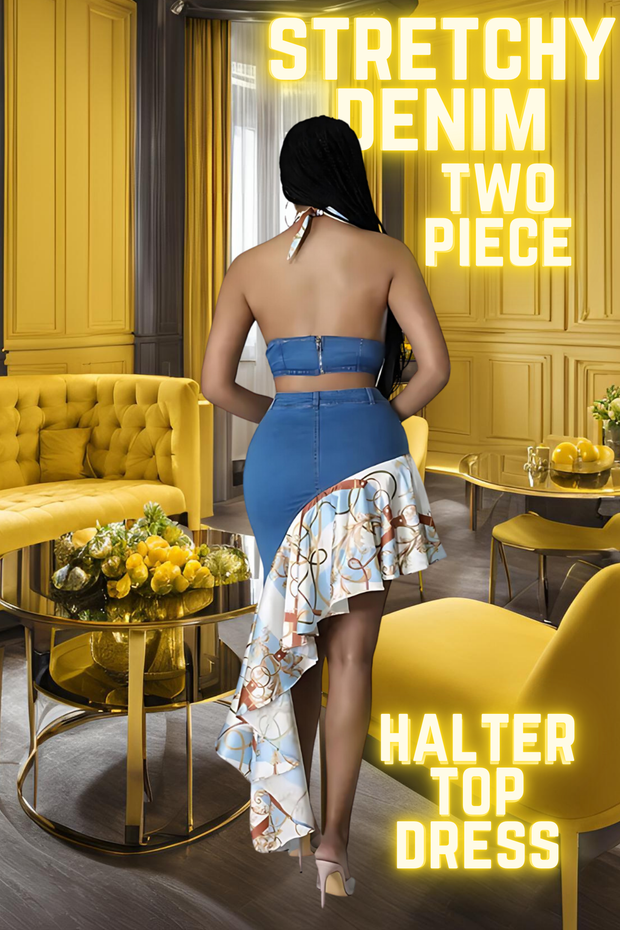 H.F.C-(2 PIECE) DENIM VELVETY WRINKLED DRESS WITH  HALTER TOP (SET)