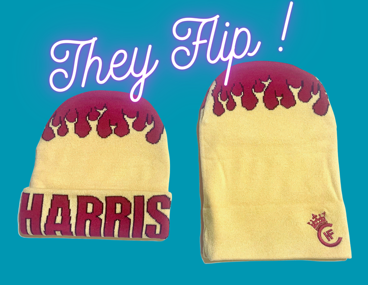 H.F.C CUSTOM BEANIES FLIP UP/DOWN. CUSTOM JACQUARD (HARRIS) LOGO SIT UNDER CUSTOM EMBROIDERY H.F.C CROWN LOGO. (FRONT VIEW)