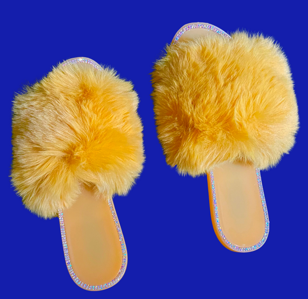 YELLOW H.F.C FAUX FUR SLIPPERS.