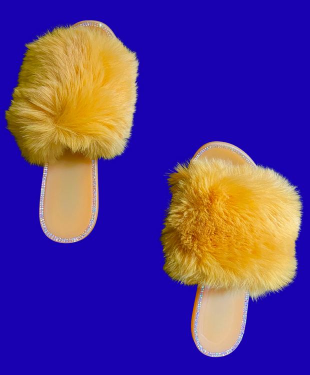 YELLOW H.F.C FAUX FUR SLIPPERS.